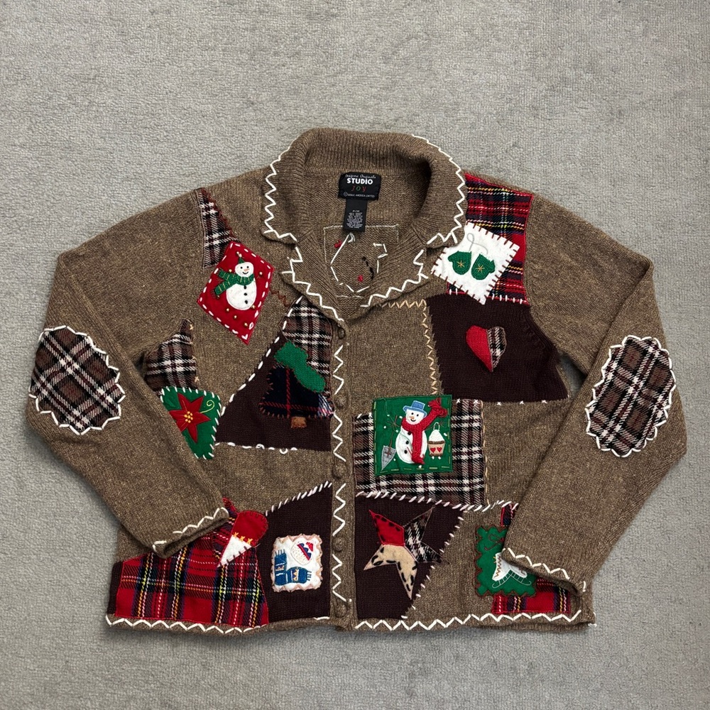 Designers Originals Patchwork Embroidered Holiday Christmas Sweater Cardigan